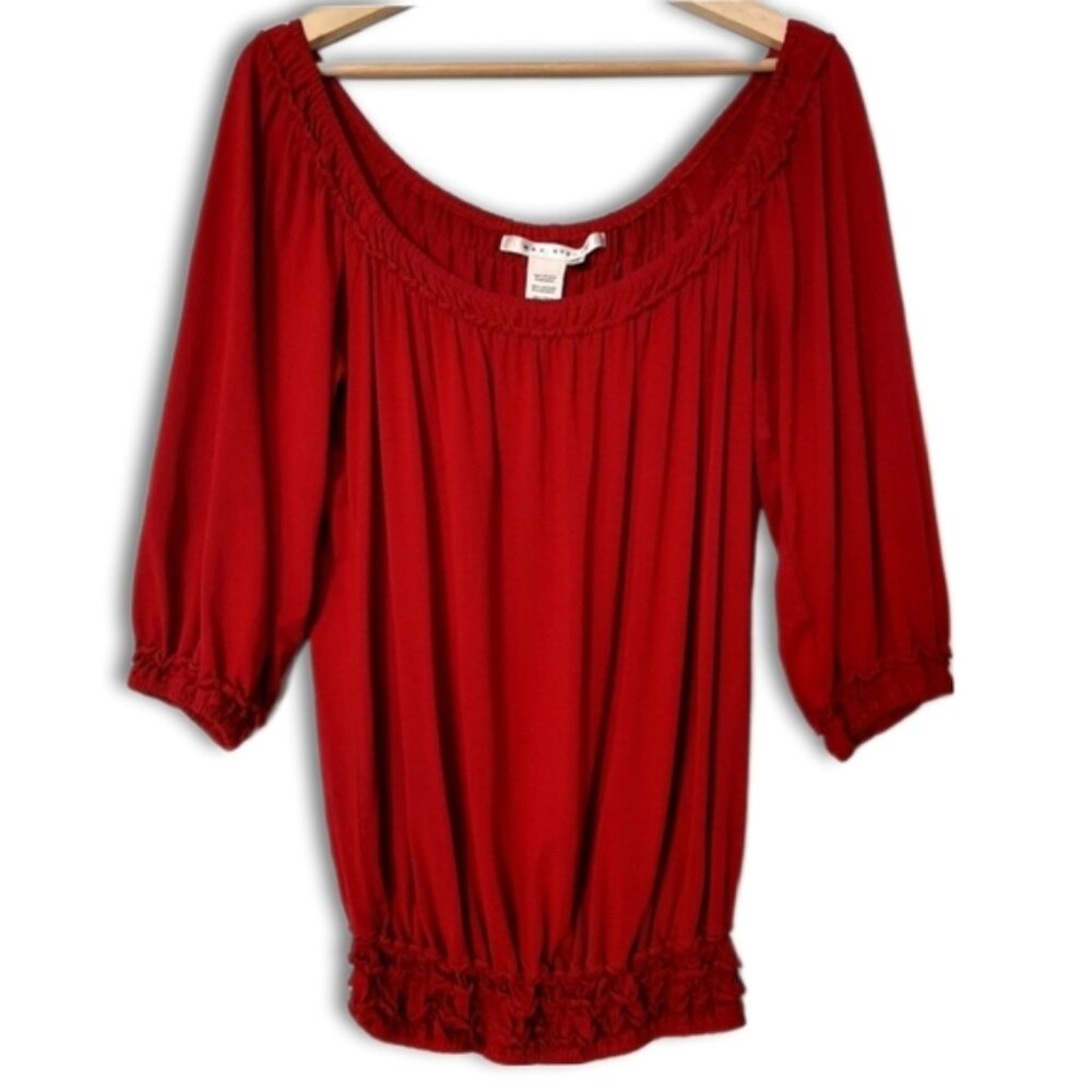 MAX STUDIO Off Shoulder Soft Deep Scoop Neck Smocked Hem Blouse Top Red Sz XS